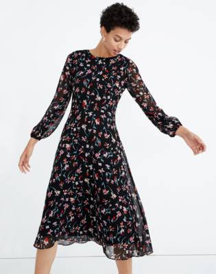 Sheer-Sleeve Midi Dress in Drifting Flowers